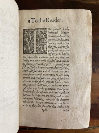 2 Books, Bound as 1 - 1. Magna Charta, cum statutis, tum antiquis, tum recentibus, maximopere, animo tenendis nunc demum ad unum, tipis aedita, per Richardum Tottell. / 2. The Dialoges in Englishe, between a Doctor of Divinitie, and a Studen in the lawes of Englande, newly corrected and inprynted with new addicions.