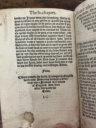 2 Books, Bound as 1 - 1. Magna Charta, cum statutis, tum antiquis, tum recentibus, maximopere, animo tenendis nunc demum ad unum, tipis aedita, per Richardum Tottell. / 2. The Dialoges in Englishe, between a Doctor of Divinitie, and a Studen in the lawes of Englande, newly corrected and inprynted with new addicions.